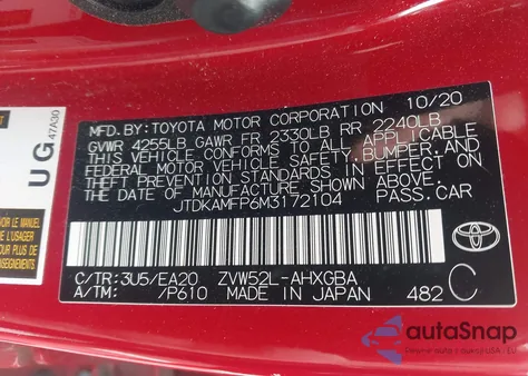 2021 Toyota Prius Prime Xle from USA, damaged, VIN JTDKAMFP6M3172104